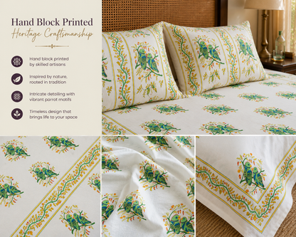 Cotton Bedsheets – Handmade Queen Size Block Print with Parrot Motifs