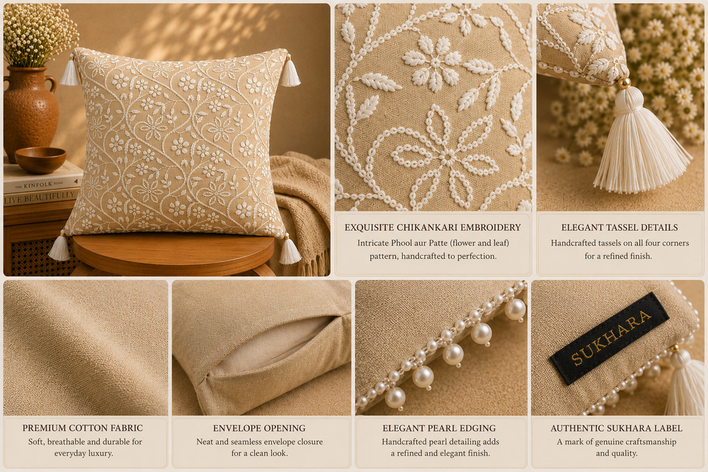 Phool Aur Patte Chikankari Cushion Cover – Hand Embroidered Cotton Cushion