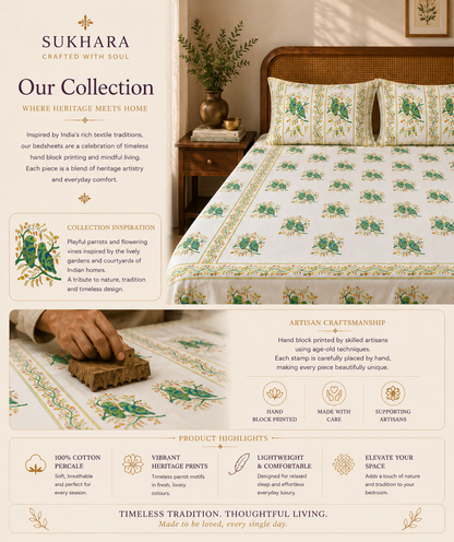 Cotton Bedsheets – Handmade Queen Size Block Print with Parrot Motifs