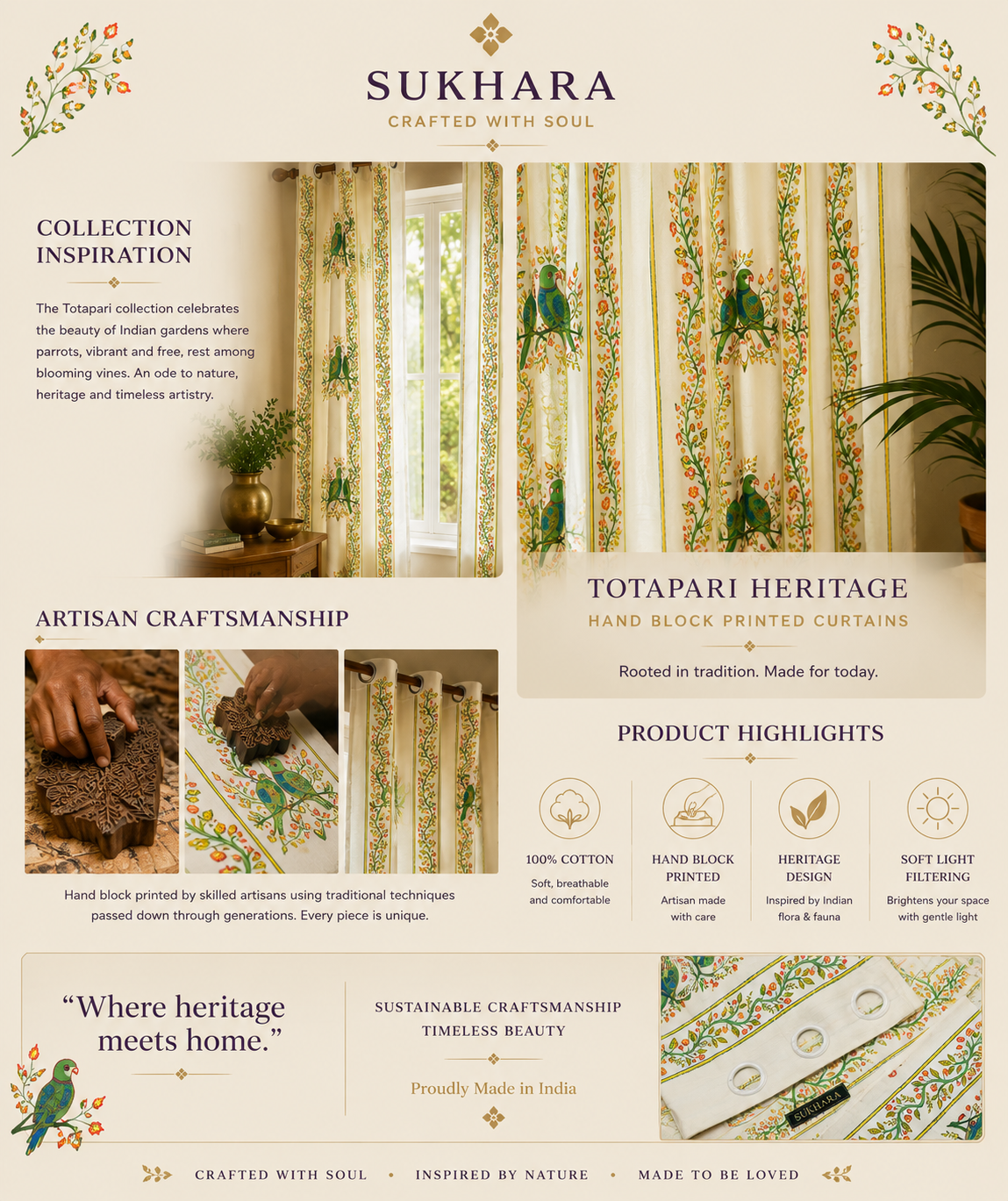 Long Drapes for Living Room – Peacock Block Print Cotton Curtains