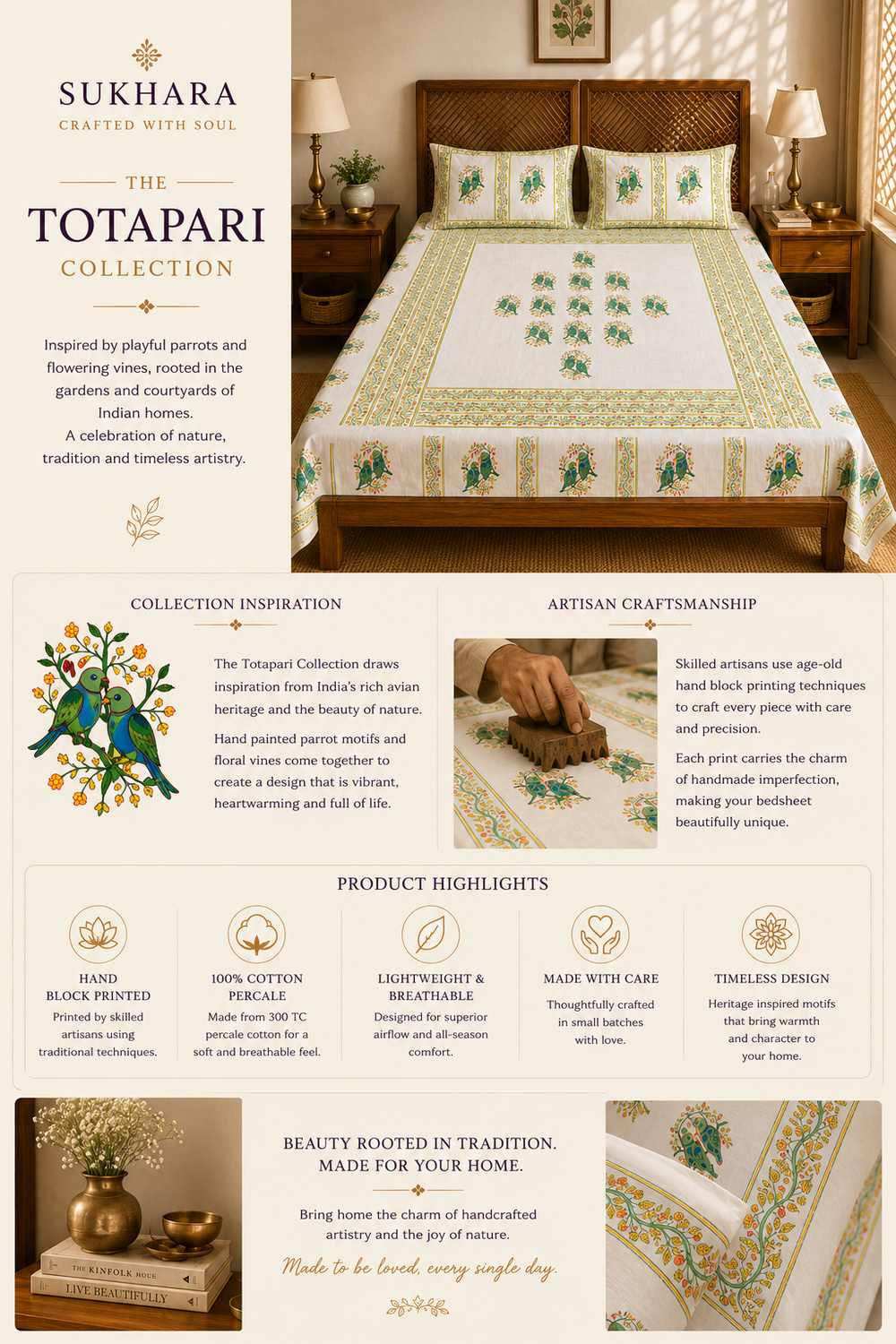 Hand Block Printed King Size Cotton Bedsheet with Parrot Motifs