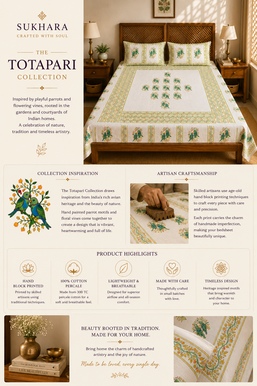 Hand Block Printed King Size Cotton Bedsheet with Parrot Motifs