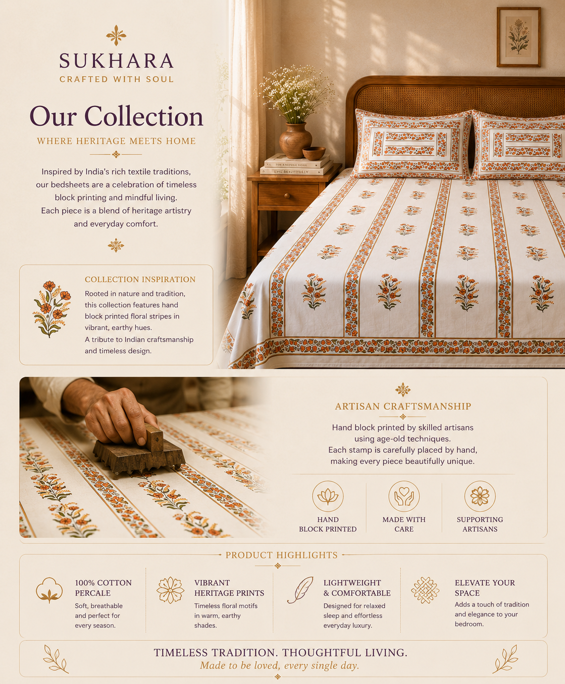 Queen Size Bedsheet – Handmade Jaipuri Block Print with Orange Floral Stripes