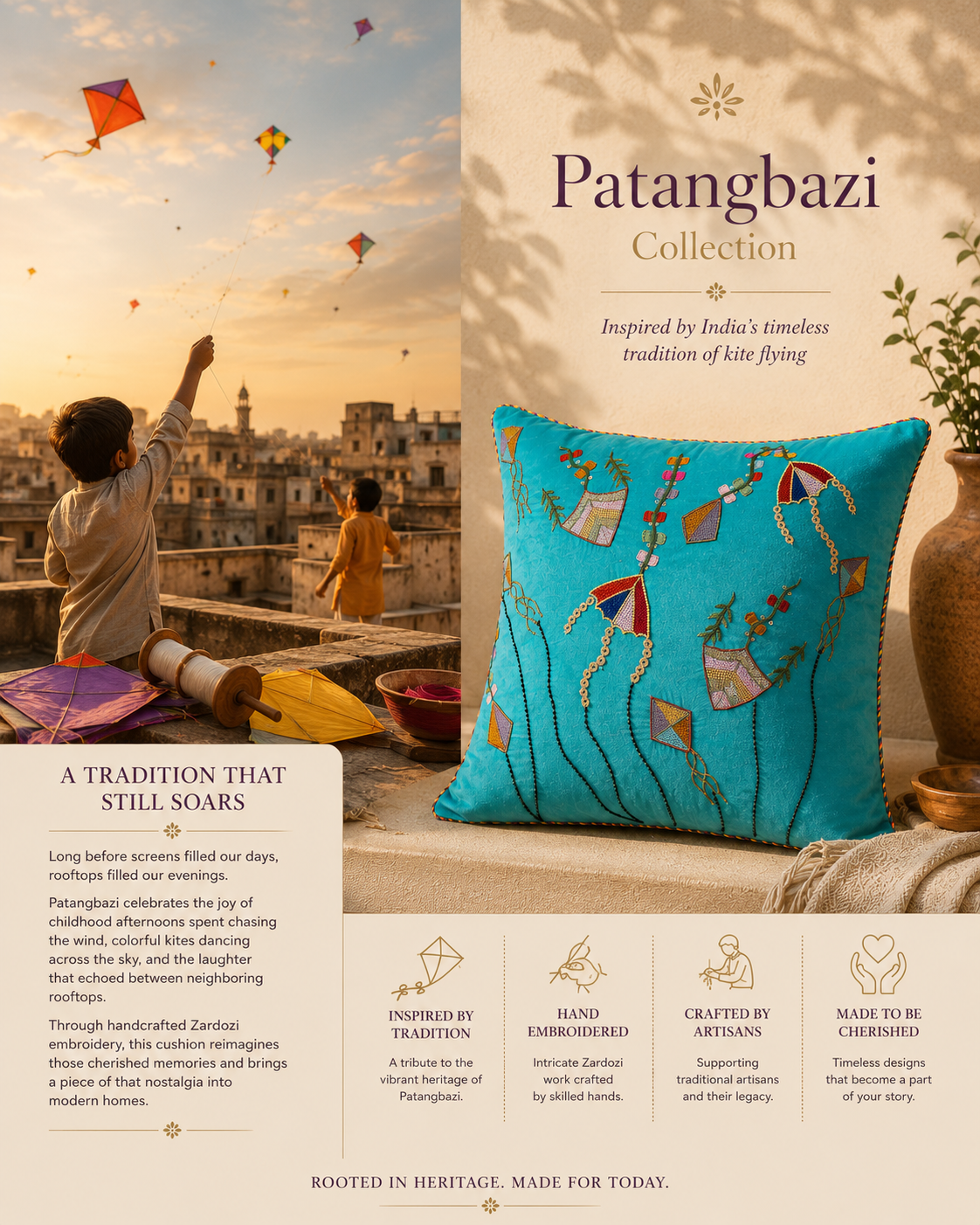 Patangbazi Zardozi Cushion Cover – Handcrafted for Sustainable Home Design