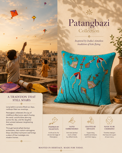 Patangbazi Zardozi Cushion Cover – Handcrafted for Sustainable Home Design