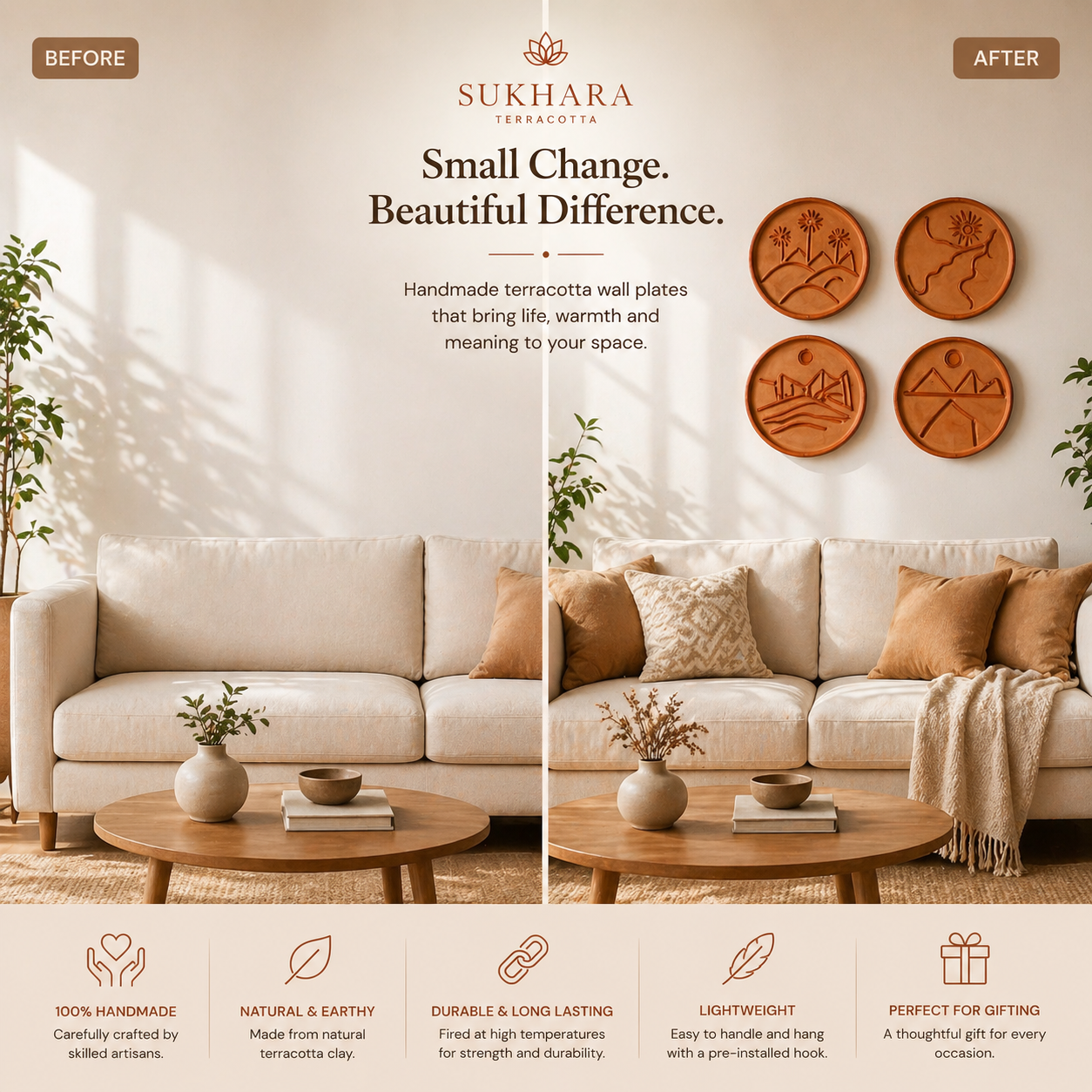 Sukhara Terracotta Wall Plate Set of 4 – Handmade Boho Wall Decor for Living Room