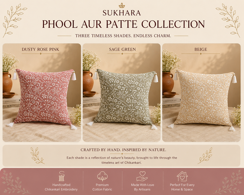 Phool Aur Patte Chikankari Cushion Cover – Hand Embroidered Cotton Cushion