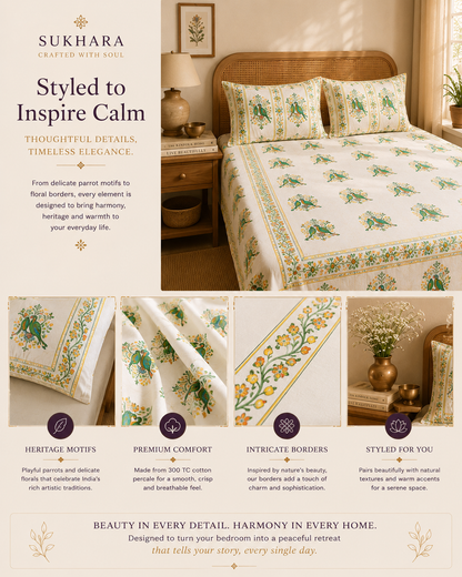 Cotton Bedsheets – Handmade Queen Size Block Print with Parrot Motifs