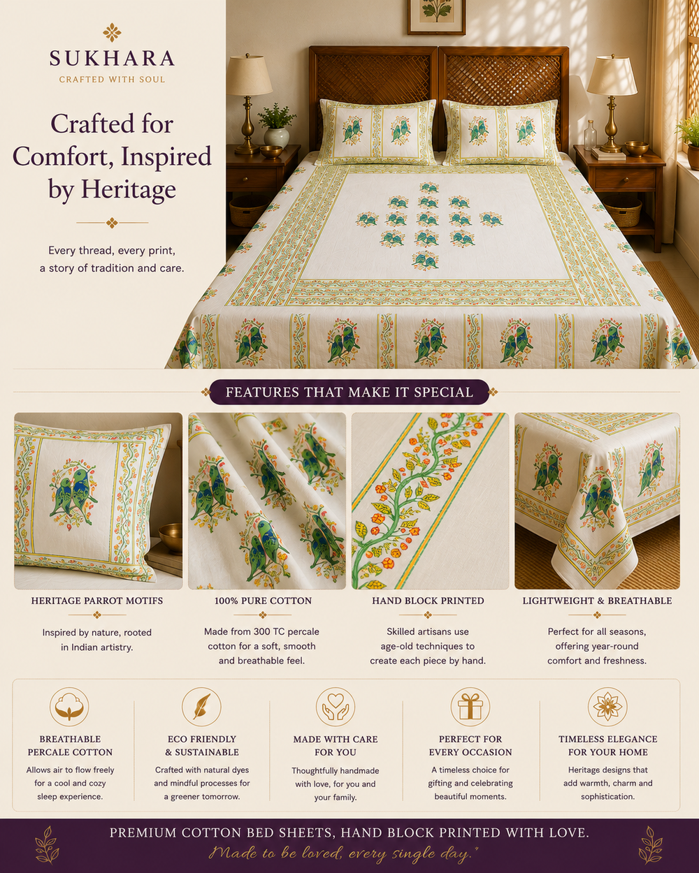 Hand Block Printed King Size Cotton Bedsheet with Parrot Motifs