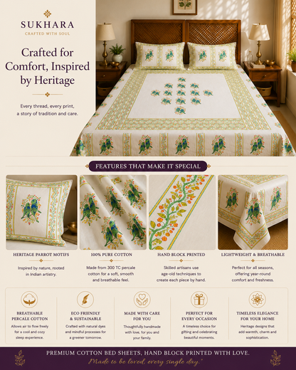 Hand Block Printed King Size Cotton Bedsheet with Parrot Motifs