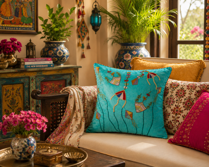 Patangbazi Zardozi Cushion Cover – Handcrafted for Sustainable Home Design
