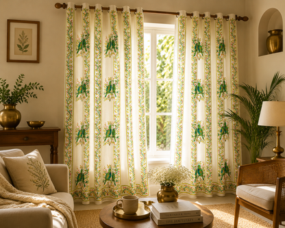 Long Drapes for Living Room – Peacock Block Print Cotton Curtains