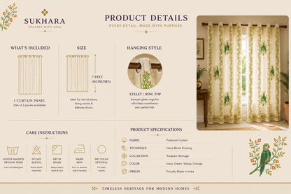 Long Drapes for Living Room – Peacock Block Print Cotton Curtains