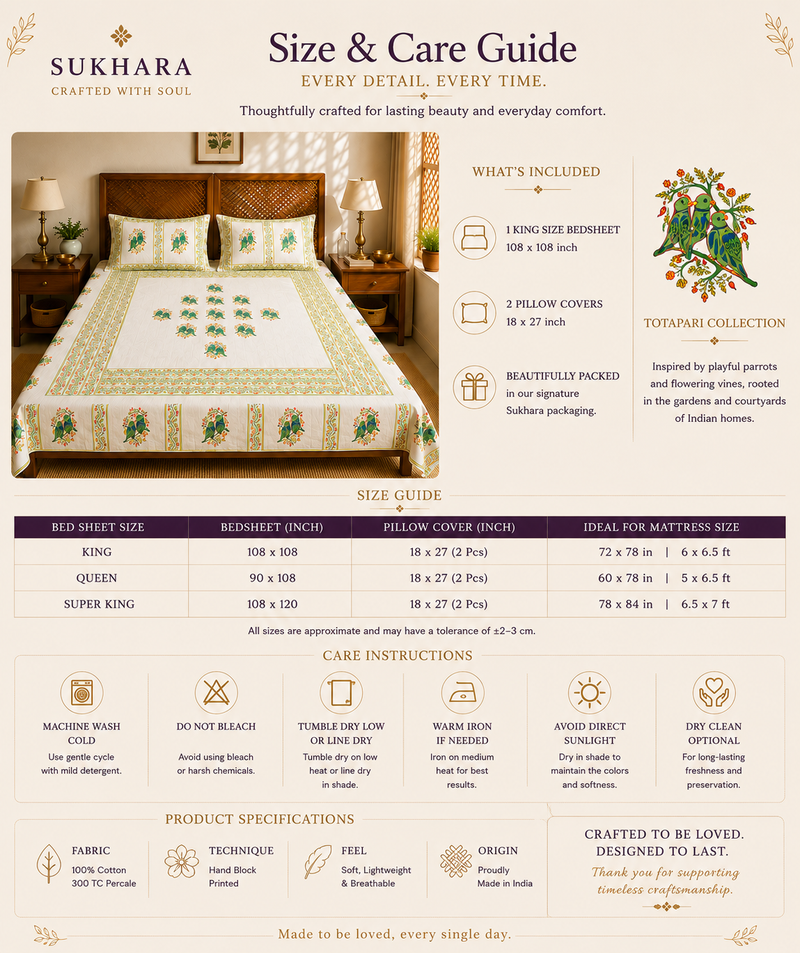 Hand Block Printed King Size Cotton Bedsheet with Parrot Motifs