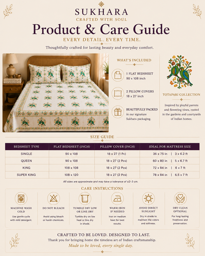 Cotton Bedsheets – Handmade Queen Size Block Print with Parrot Motifs