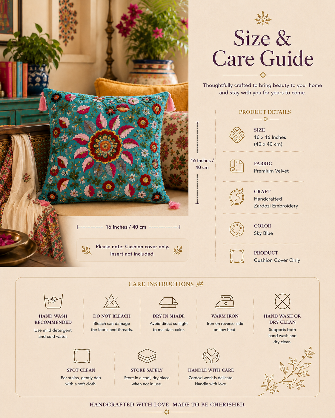 Embroidered Cushion – Zardozi Hand Embroidery Pillow Cover | Sukhara
