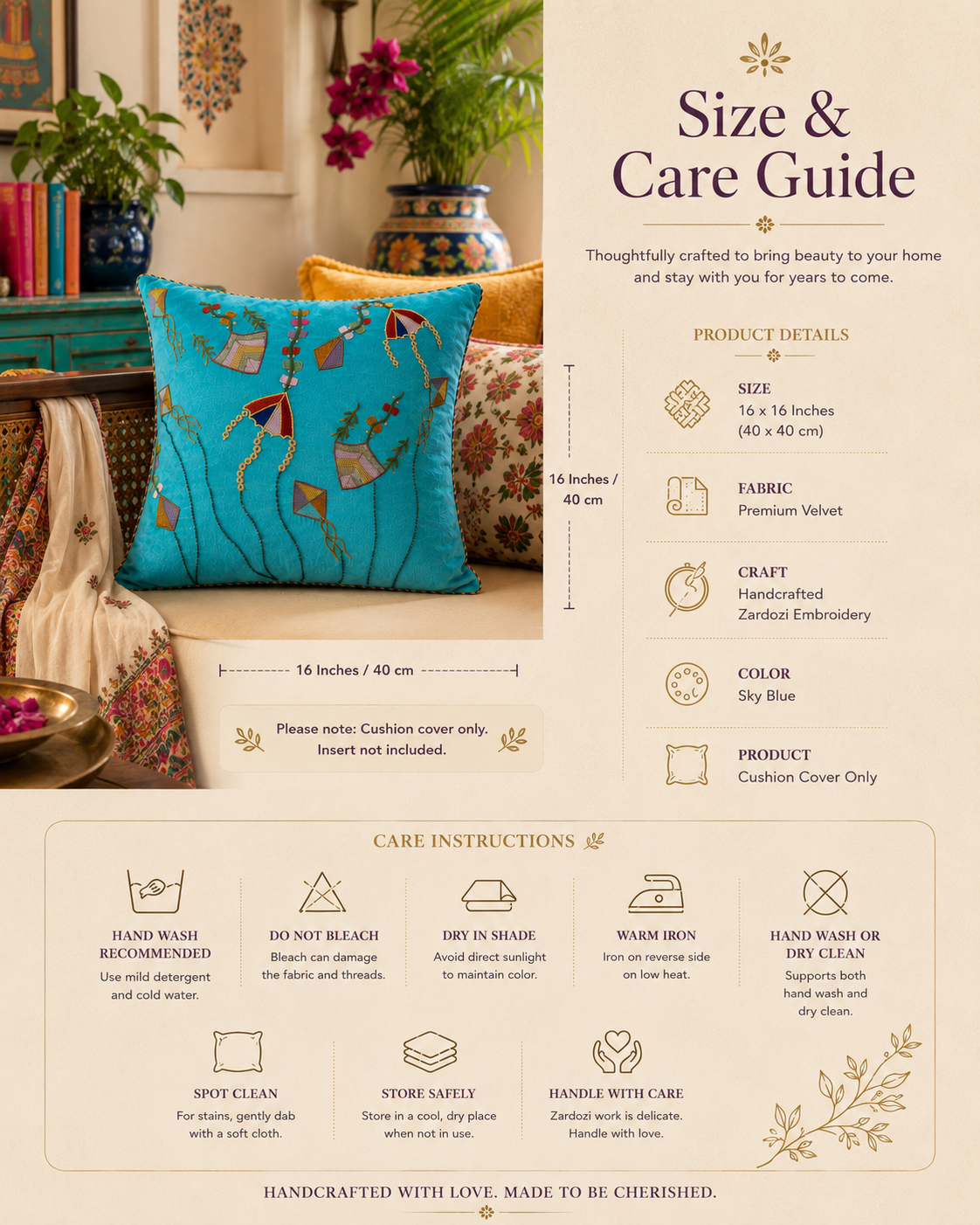 Patangbazi Zardozi Cushion Cover – Handcrafted for Sustainable Home Design