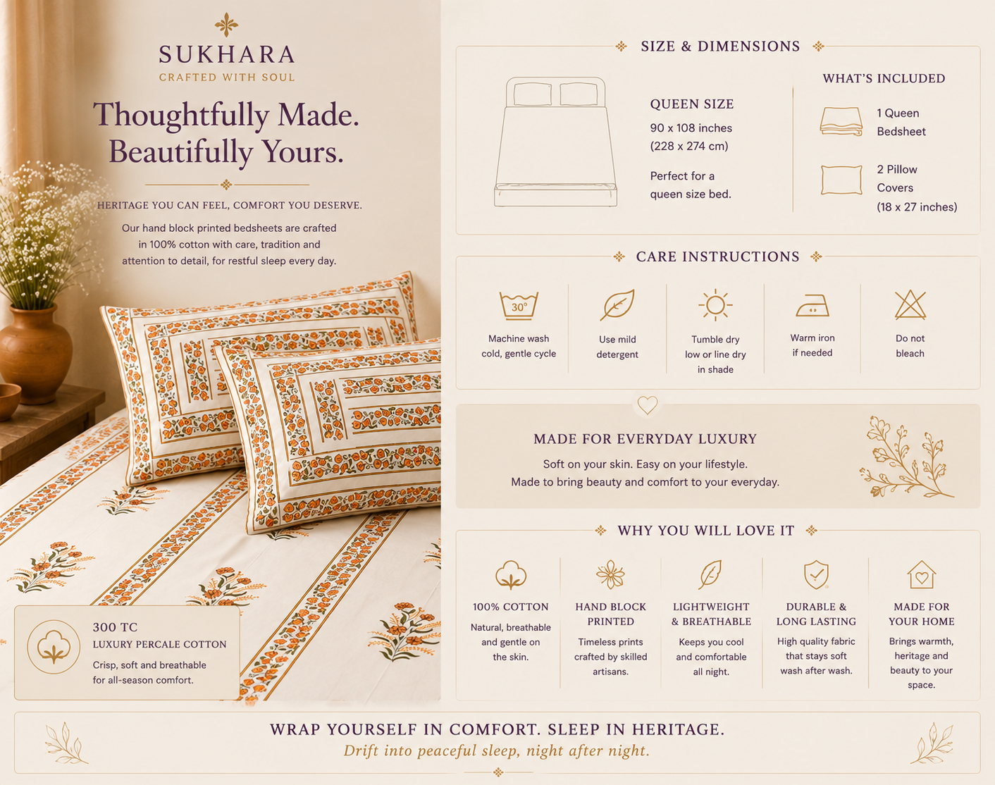Queen Size Bedsheet – Handmade Jaipuri Block Print with Orange Floral Stripes
