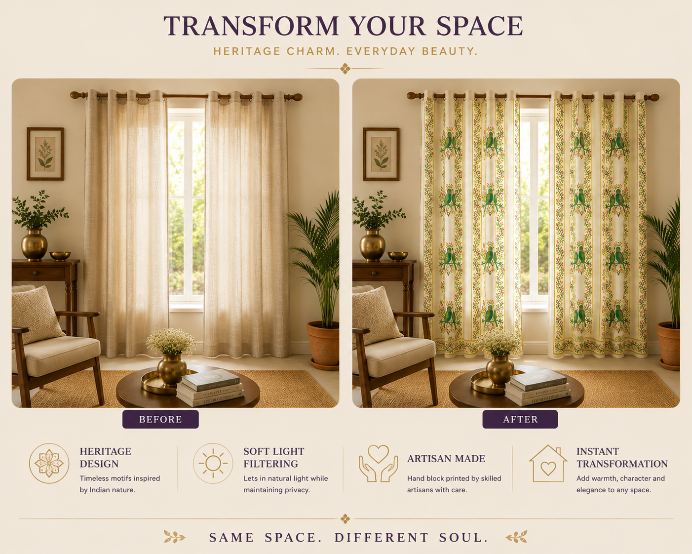 Long Drapes for Living Room – Peacock Block Print Cotton Curtains