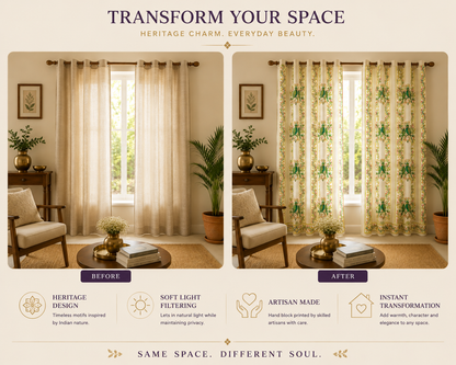 Long Drapes for Living Room – Peacock Block Print Cotton Curtains