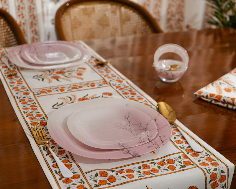 "Mewar Blossom" – Handcrafted Jute Cotton Block Print Dining Mats With Runner Set SUKHARA HOME and LIFESTYLE