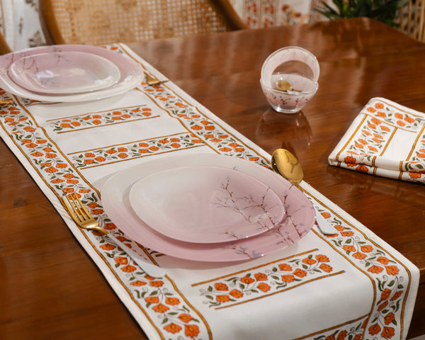 "Kesariya Bloom" – Handmade Jaipuri Block Print Cotton Dining Mats With Runner Set SUKHARA HOME and LIFESTYLE