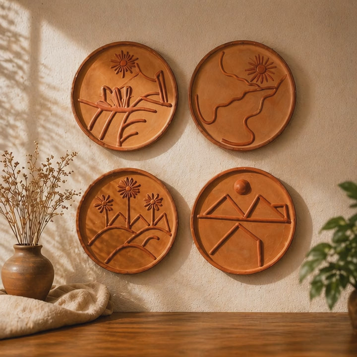 Sukhara Terracotta Wall Plate Set of 4 – Handmade Boho Wall Decor for Living Room